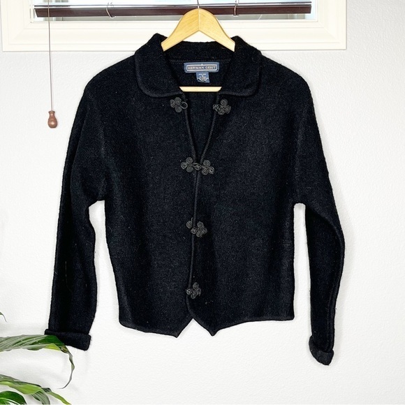 Herman Geist Wool Cardigan Sweater wrap collared black Medium - Picture 1 of 8